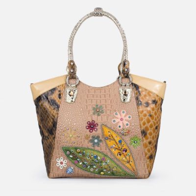 Swarovski Crystal Leather Tote Bag - Coffee